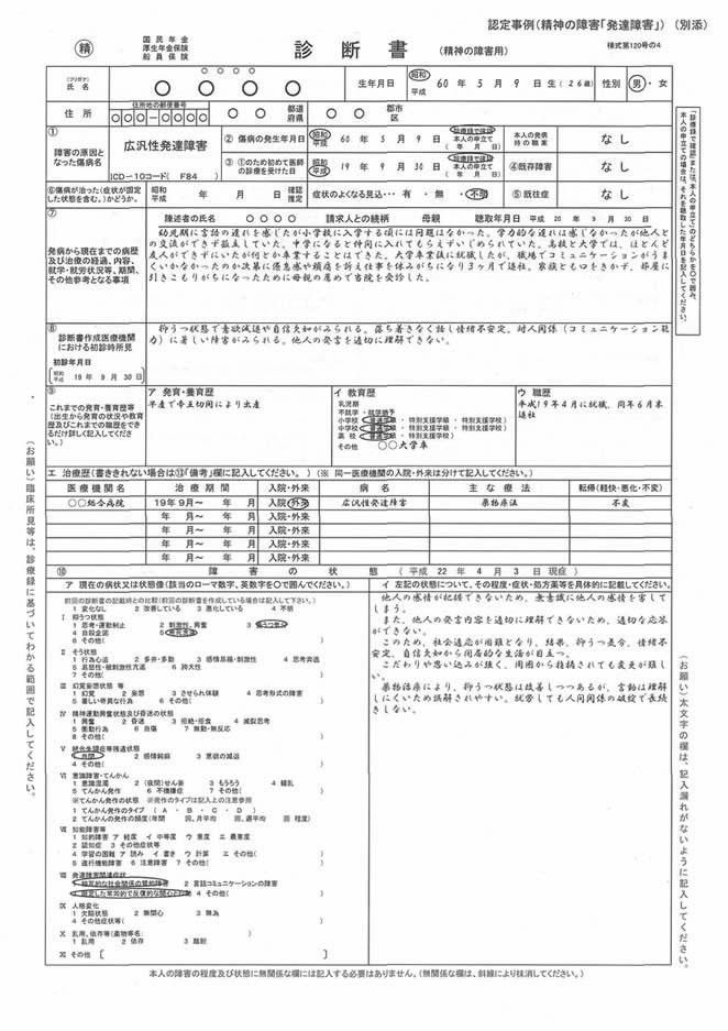 吹田、障害、高齢者、生活保護、障害年金診断書用（精神の障害用）表側